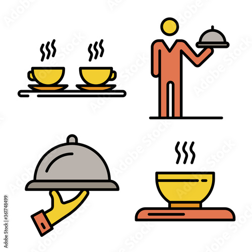 Waiter icons set. Outline set of waiter vector icons thin line color flat on white