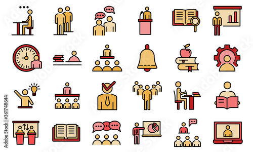 Lecture class icons set. Outline set of lecture class vector icons thin line color flat on white