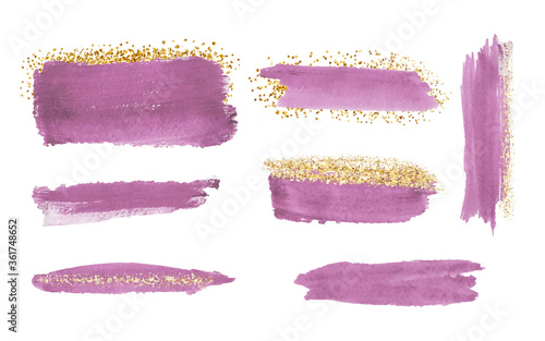 Pink watercolor brush stroke with gold glitter texture, confetti.