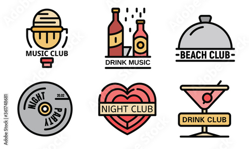 Nightclub logo set. Outline set of nightclub vector logo thin line color flat on white © ylivdesign