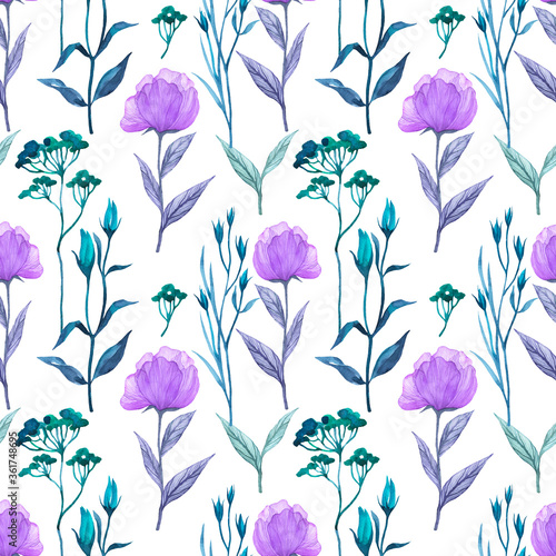Floral seamless pattern with peonies watercolour. Summer background on white.