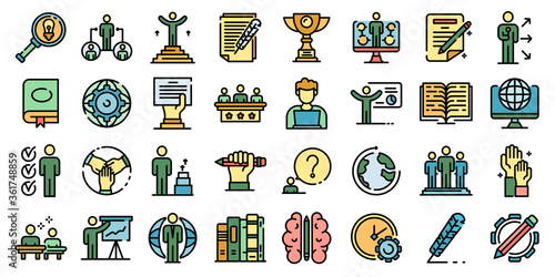Staff education icons set. Outline set of staff education vector icons thin line color flat on white