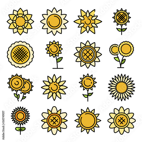 Sunflower icons set. Outline set of sunflower vector icons thin line color flat on white