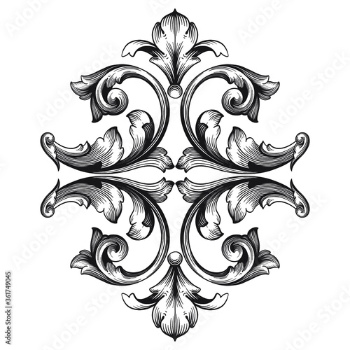 Vintage Ornament Element in baroque style with filigree and floral engrave the best situated for create frame, border, banner. It's hand drawn foliage swirl like victorian or damask design arabesque.