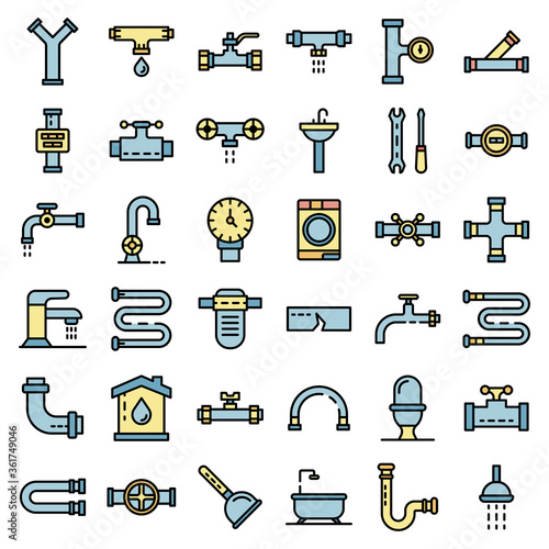 Plumbing icons set. Outline set of plumbing vector icons thin line color flat on white