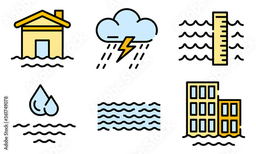 Flood icons set. Outline set of flood vector icons thin line color flat on white