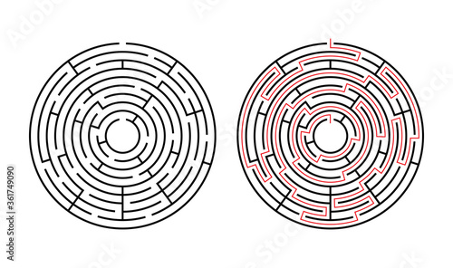 Vector circle maze isolated on white background. Education logic game labyrinth for kids. With the solution.
