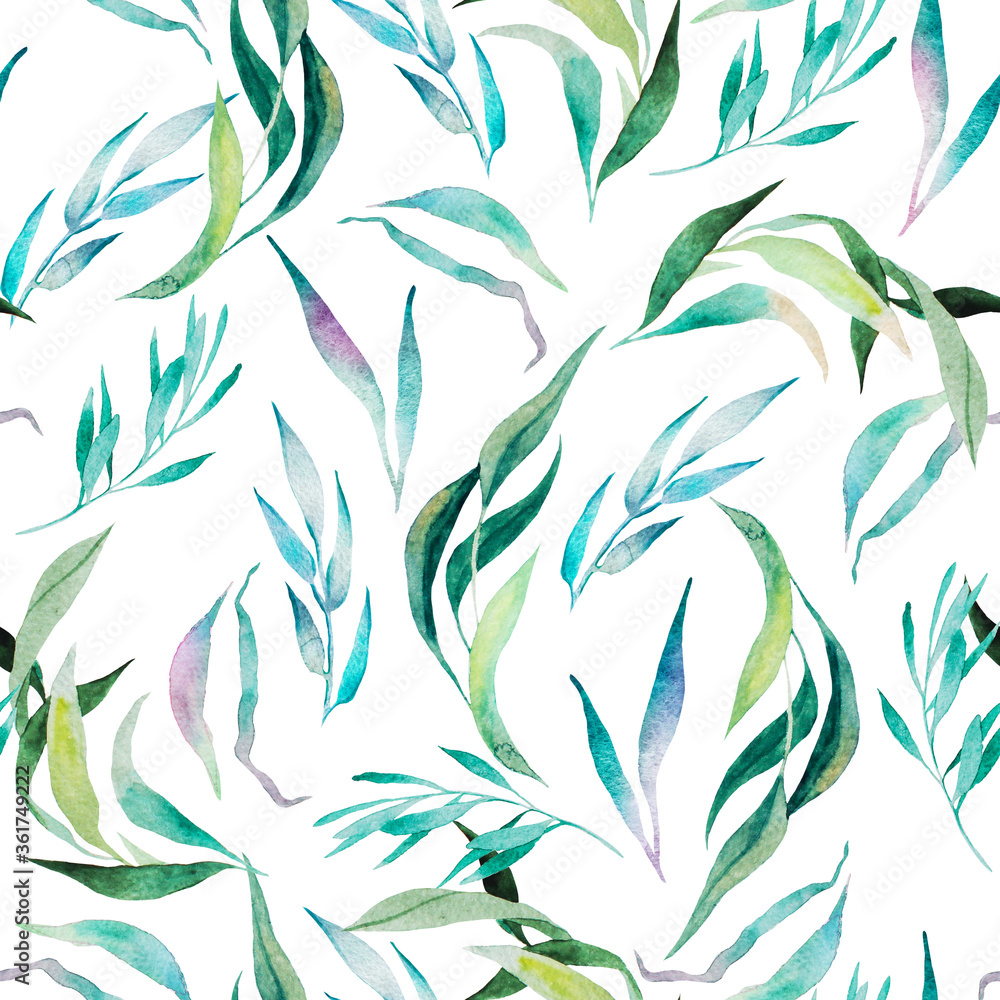 Fototapeta premium Seamless watercolor pattern. Green leaves and twigs on a white background