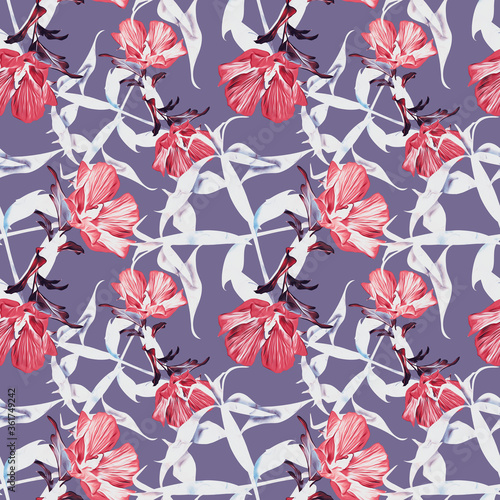 Exotic flowers and leaves, seamless pattern.