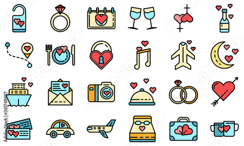 Honeymoon icons set. Outline set of honeymoon vector icons thin line color flat on white