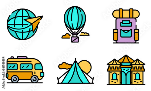 Excursion icons set. Outline set of excursion vector icons thin line color flat on white