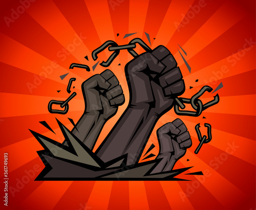 Multiracial fists tearing chains on a rays background