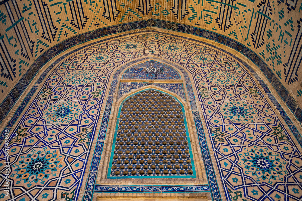 Mausoleum of Khoja Ahmed Yassawi 1385. Museum of History and Culture. Fragment of the facade. UNESCO World Heritage Site. The author of the project is Khan Tamerlan. Sufism. Islam. Brick Decor - Glaze
