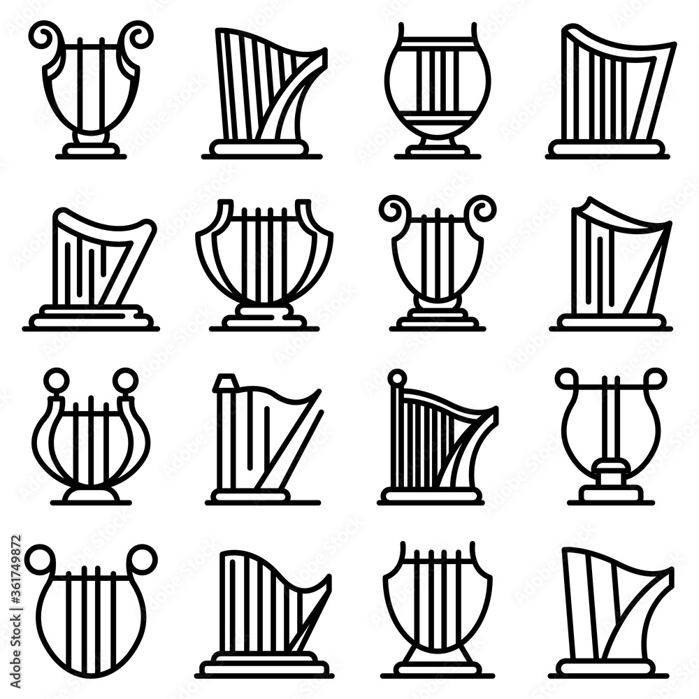 Harp icons set. Outline set of harp vector icons for web design isolated on white background Harp icons set. Outline set of harp vector icons for web design isolated on white background