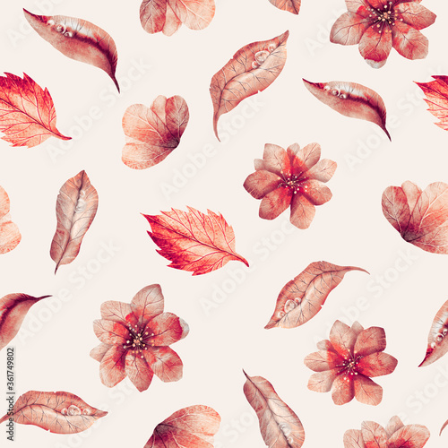 Seamless watercolor pattern. Red flowers and leaves on a light background