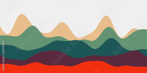 Abstract contrast red green brown hills background. Colorful waves elegant vector illustration.