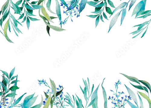 Watercolor botanical illustration. Leaves, blue flowers, twigs, blade of grass. Frame ideal for invitations, weddings