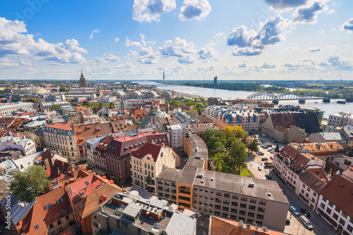 Landscape. Panoramic view of Riga old city in summer, under blue sunny sky