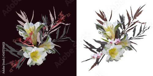 Flower bouquet with orchids and white lilies. Two Vectors with floristic composition with flowers, branches and leaves isolated on white and black background
