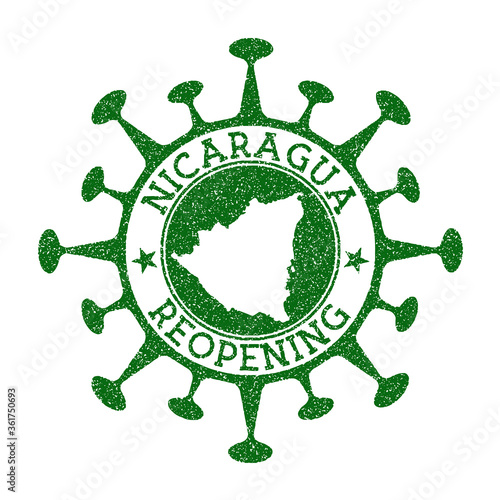 Nicaragua reopening stamp. Green round badge of country with map of Nicaragua. Country opening after lockdown. Vector illustration.