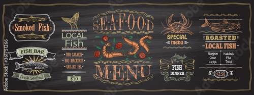 Seafood and fish menu chalkboard template, hand drawn