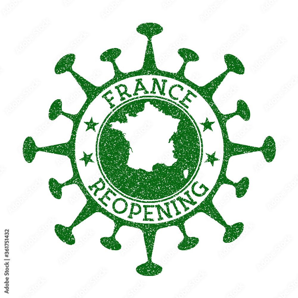 France Reopening Stamp. Green round badge of country with map of France. Country opening after lockdown. Vector illustration.