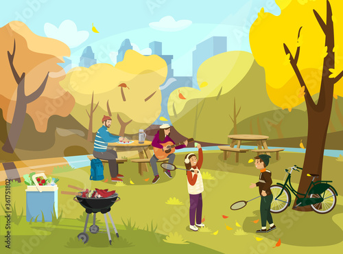 Vector illustration of family having picnic in autumn park. Kids playing badminton. Woman playing the guitar, man sitting at the table with sandwiches. Barbeque with food, cooler bag. 