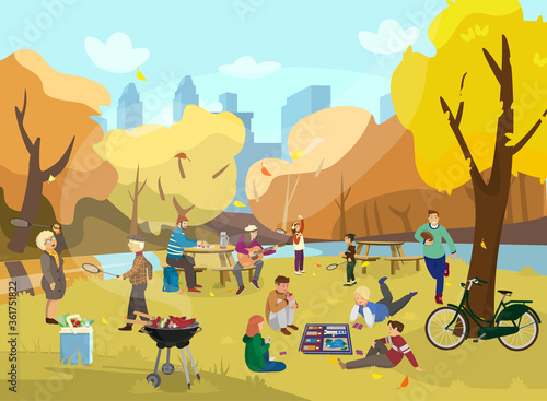 Vector Autumn park scene with lots of people. Kids playing board game, elder people playing badminton,couple having picnic, woman playing the guitar, boy playing rugby. Grill party. 