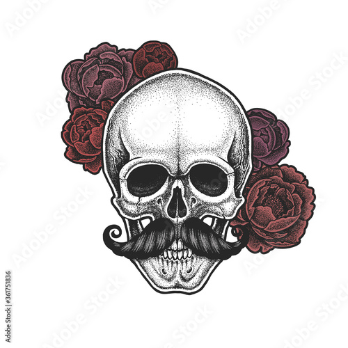 Dotwork styled skull with moustache and peonies . Hand drawn illustration. T-shirt design.	
