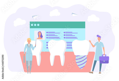 Doctors dentists install an implant. Aesthetic dentistry installation of dentures and implants. Colorful vector illustration.