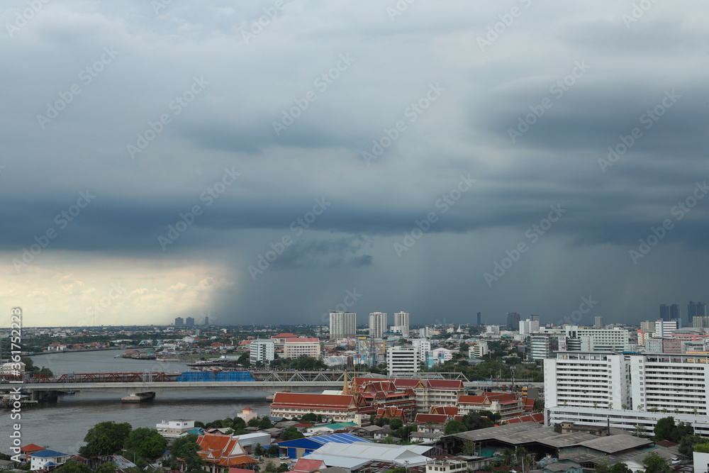Aerial view, Tropical storm with heavy rain in city, Bangkok Thailand.