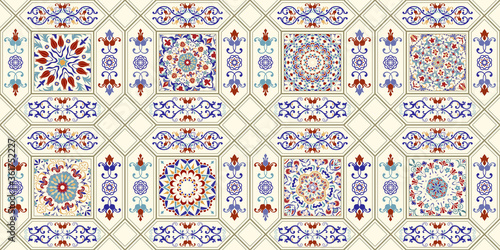 Seamless  tile with colorful patchwork. Vintage multicolor pattern in turkish style. Mosaic pattern can be used for ceramic tile, wallpaper, linoleum, textile, web page background. Vector