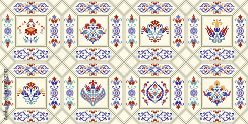 Seamless  tile with colorful patchwork. Vintage multicolor pattern in turkish style. Mosaic pattern can be used for ceramic tile, wallpaper, linoleum, textile, web page background. Vector
