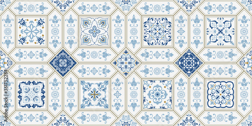 Azulejos tiles patchwork. Hand drawn seamless abstract pattern. Islam, Arabic, Indian, Ottoman motifs. Majolica pottery tile, blue, yellow azulejo. Original traditional Portuguese and Spain decor