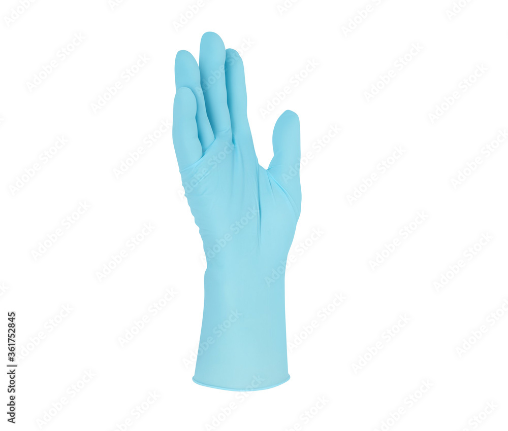 Obraz premium Medical nitrile gloves.Two blue surgical gloves isolated on white background with hands. Rubber glove manufacturing, human hand is wearing a latex glove. Doctor or nurse putting on protective gloves