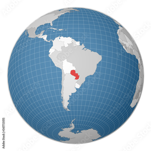 Globe centered to Paraguay. Country highlighted with green color on world map. Satellite world projection. Stylish vector illustration.