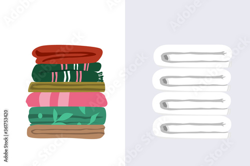 Vector illustration of two types of towels. White terry towels pile and mix matched worn towels folded flat in layers. Ordinary bath towels of different size and color in a pile