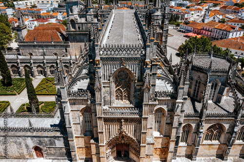 Batalha, Portugal - June, 29, 2020: Aerial Drone View of Batalha Monastery. Dominican convent with manueline style architecture. photo