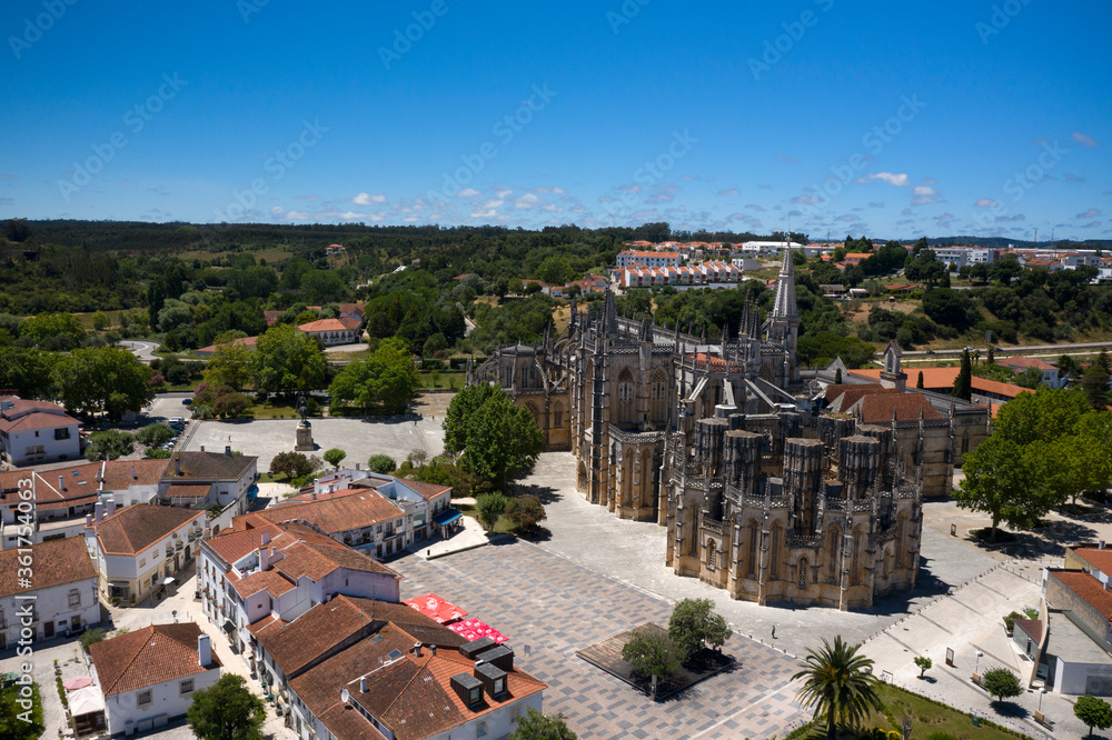 Aerial drone view of Batalha Monastery in Portugal. Dominican convent with manueline style.