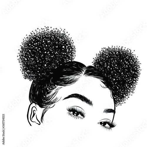 Curly beauty girl illustration isolated on clear background. Double buns with long hair. Hand draw idea for business cards, templates, web, brochure, posters, postcards, salon