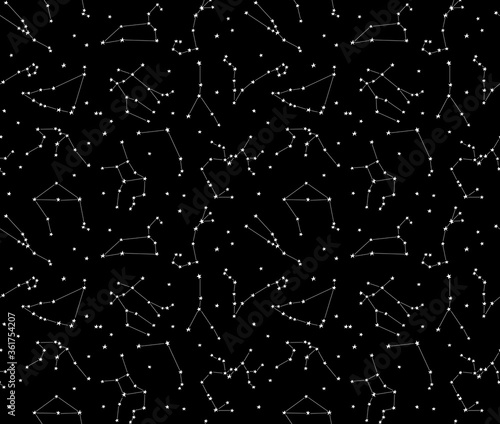 Seamless pattern of the zodiac constellations on the night sky background