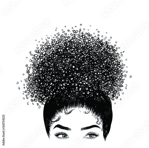 Curly beauty girl illustration isolated on clear background. Double buns with long hair. Hand draw idea for business cards, templates, web, brochure, posters, postcards, salon