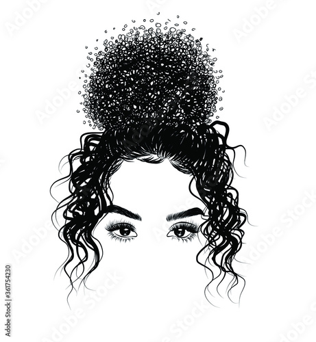Curly beauty girl illustration isolated on clear background. Double buns with long hair. Hand draw idea for business cards, templates, web, brochure, posters, postcards, salon