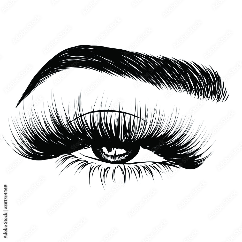 Obraz premium Sleek fashion illustration of the eye with luxe makeup and natural eyebrow. Hand drawn vector idea for business visit cards, templates, web, salon banners,brochures. Microblading visit card