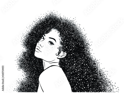 Curly beauty girl illustration isolated on clear background. Double buns with long hair. Hand draw idea for business cards, templates, web, brochure, posters, postcards, salon