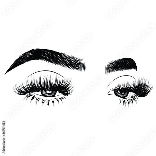 Sleek fashion illustration of the eye with luxe makeup and natural eyebrow. Hand drawn vector idea for business visit cards, templates, web, salon banners,brochures. Microblading visit card