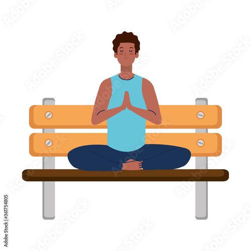 man afro meditating sitting in park wooden chair , concept for yoga, meditation, relax, healthy lifestyle vector illustration design