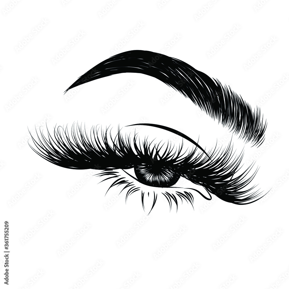 Sleek fashion illustration of the eye with luxe makeup and natural eyebrow. Hand drawn vector idea for business visit cards, templates, web, salon banners,brochures. Microblading visit card Sleek fashion illustration of the eye with luxe makeup and natural eyebrow. Hand drawn vector idea for business visit cards, templates, web, salon banners,brochures. Microblading visit card
