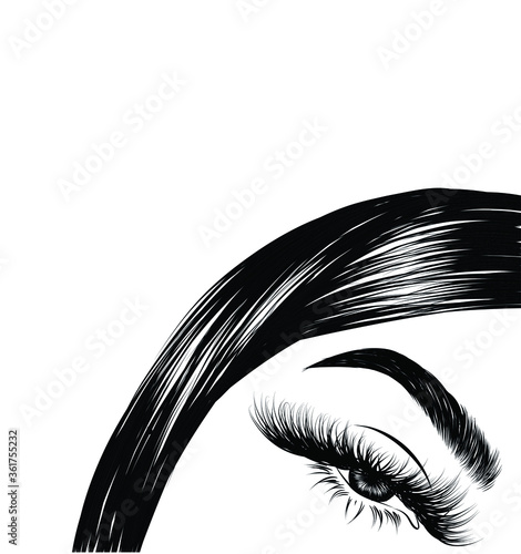 Woman with stylish messy  bun with perfect eyebrow shaped and full. Illustration of business hairstyle with natural long hair. Hand-drawn idea for greeting card, poster, flyers, web, print for t-shir