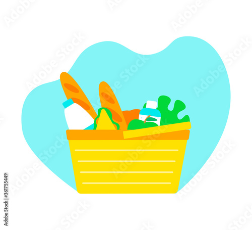 Vector isolated illustration in flat style. Wicker picnic basket with healthy natural food bought in supermarket. Sparkling water and lemonade, fresh seasonal fruits to refresh in summer hot weather